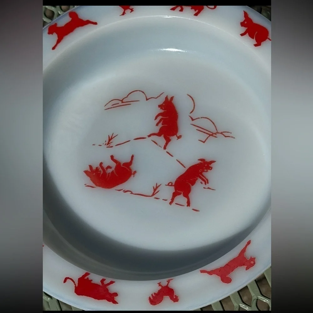 Vintage~Hazel Atlas~3 Little Pigs~Childs Soup Bowl~W/Red Nursery Animals~G13**